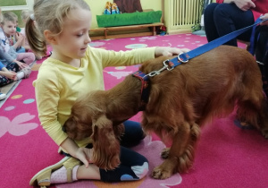 Spotkanie dzieci z podopiecznym Łódzkiego Towarzystwa Opieki nad Zwierzętami - psem Riko.
